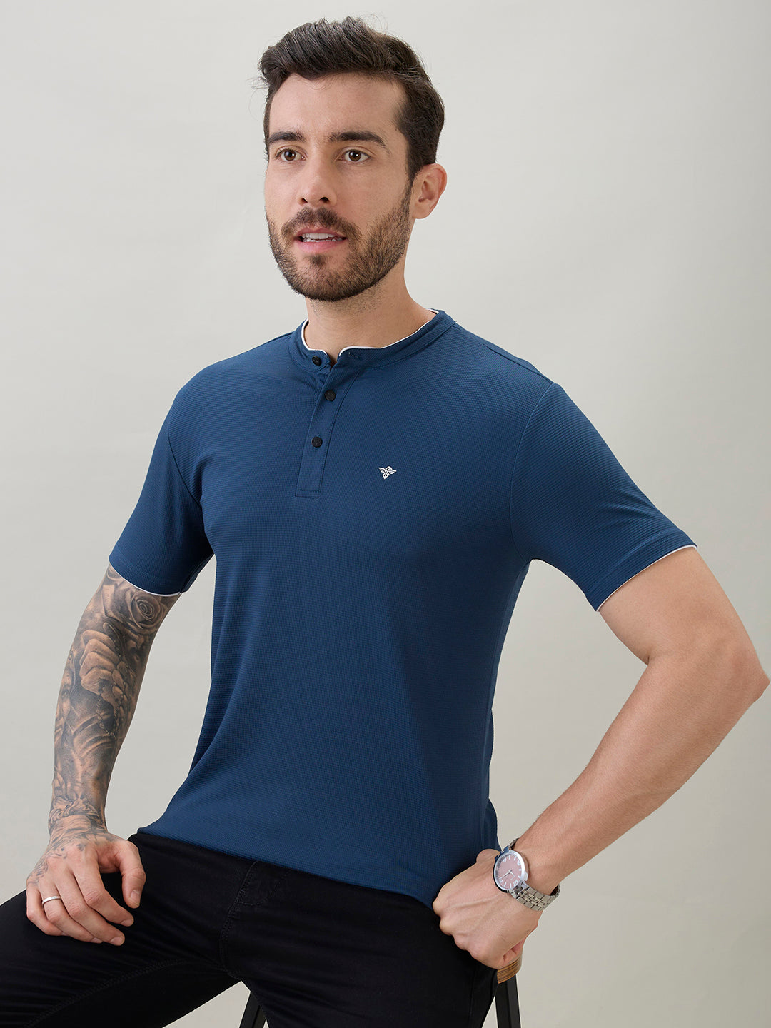 Men's Regular Fit Henley T-Shirt Half Slevees with Button Closure and Logo