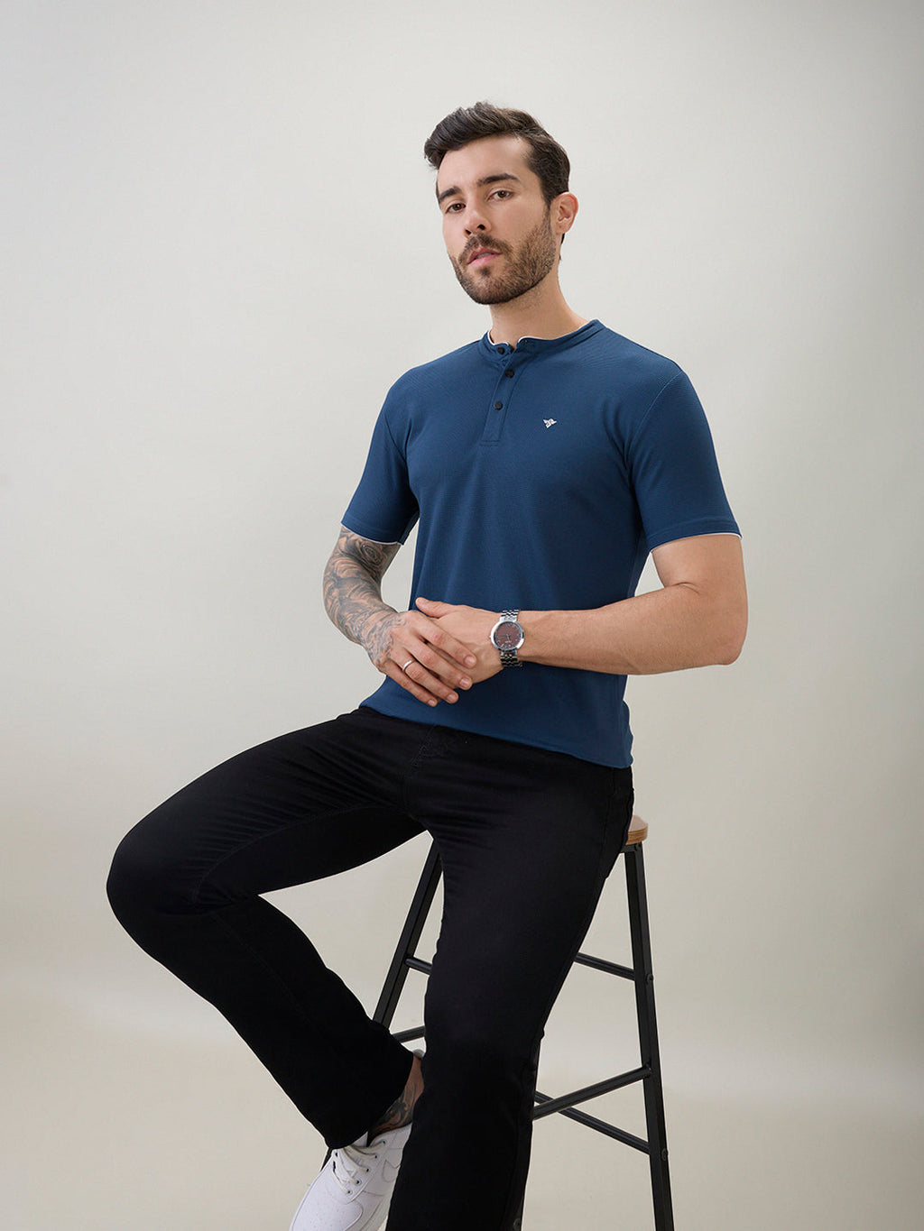 Men's Regular Fit Henley T-Shirt Half Slevees with Button Closure and Logo