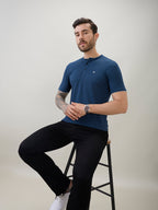 Men's Regular Fit Henley T-Shirt Half Slevees with Button Closure and Logo