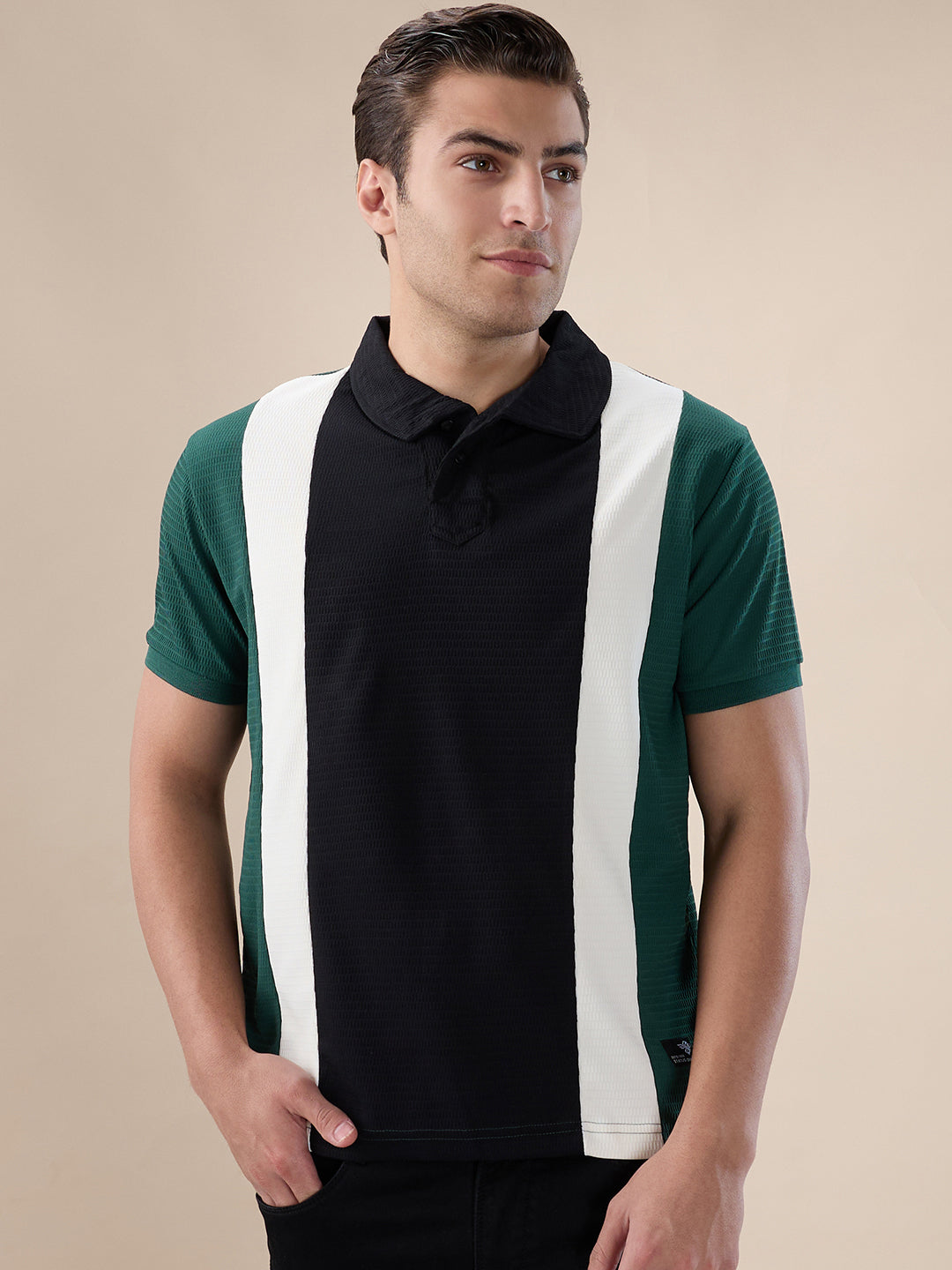 Black Colorblocked Textured Polo Main image