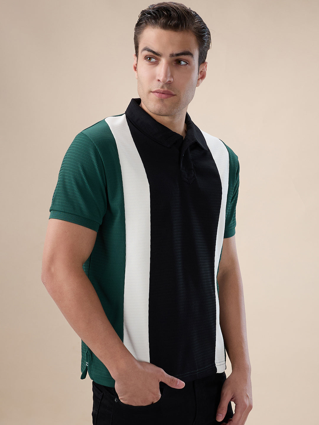 Black Colorblocked Textured Polo