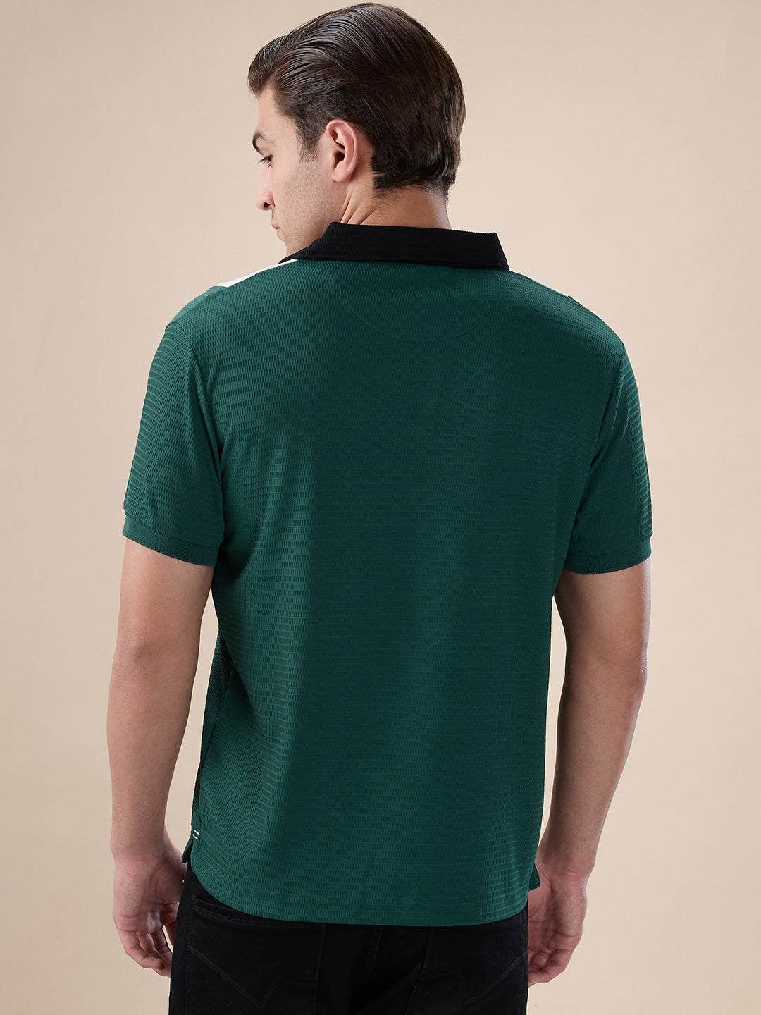 Black Colorblocked Textured Polo