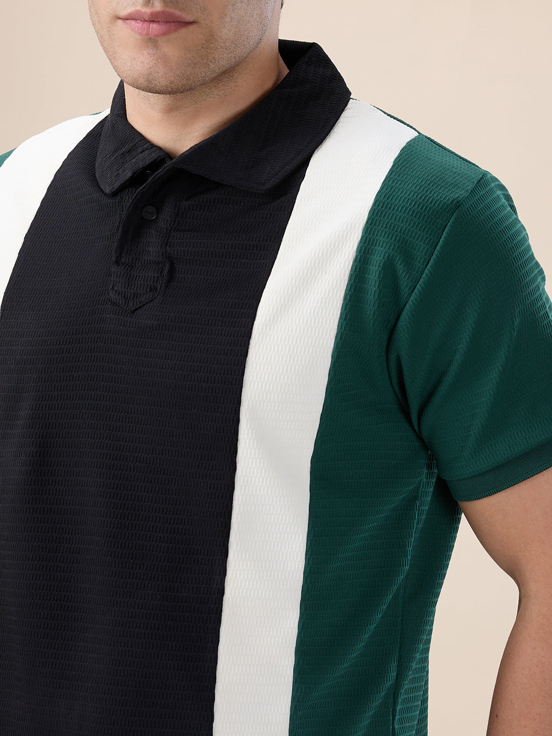 Black Colorblocked Textured Polo