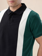 Black Colorblocked Textured Polo
