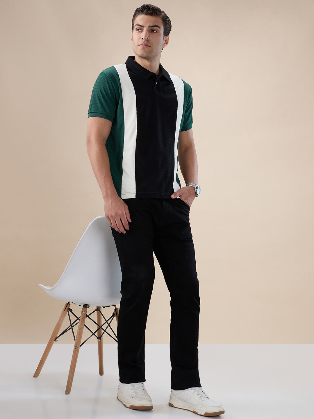 Black Colorblocked Textured Polo