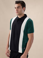 Black Colorblocked Textured Polo