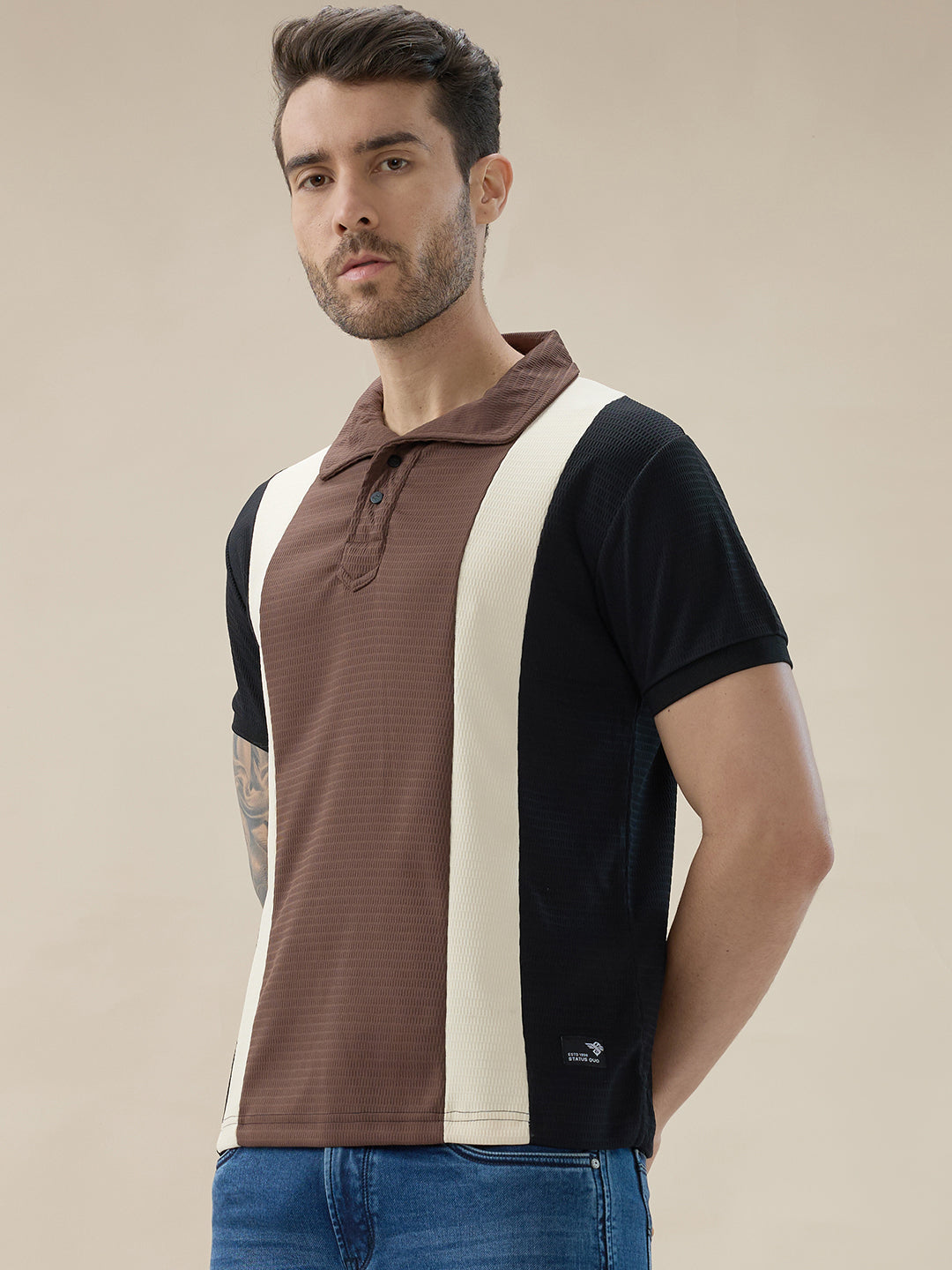 Men's Colorblocked Textured Half Sleeve Regular Fit Polo T Shirt with Button Closur Secondary image