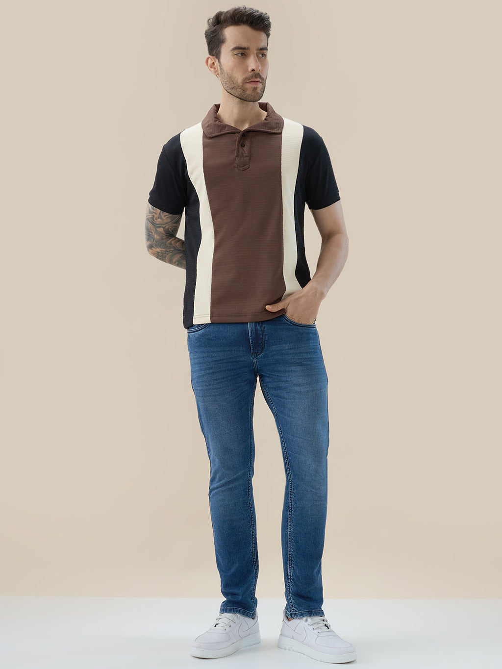 Men's Colorblocked Textured Half Sleeve Regular Fit Polo T Shirt with Button Closur