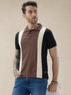 Men's Colorblocked Textured Half Sleeve Regular Fit Polo T Shirt with Button Closur