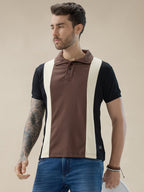 Men's Colorblocked Textured Half Sleeve Regular Fit Polo T Shirt with Button Closur