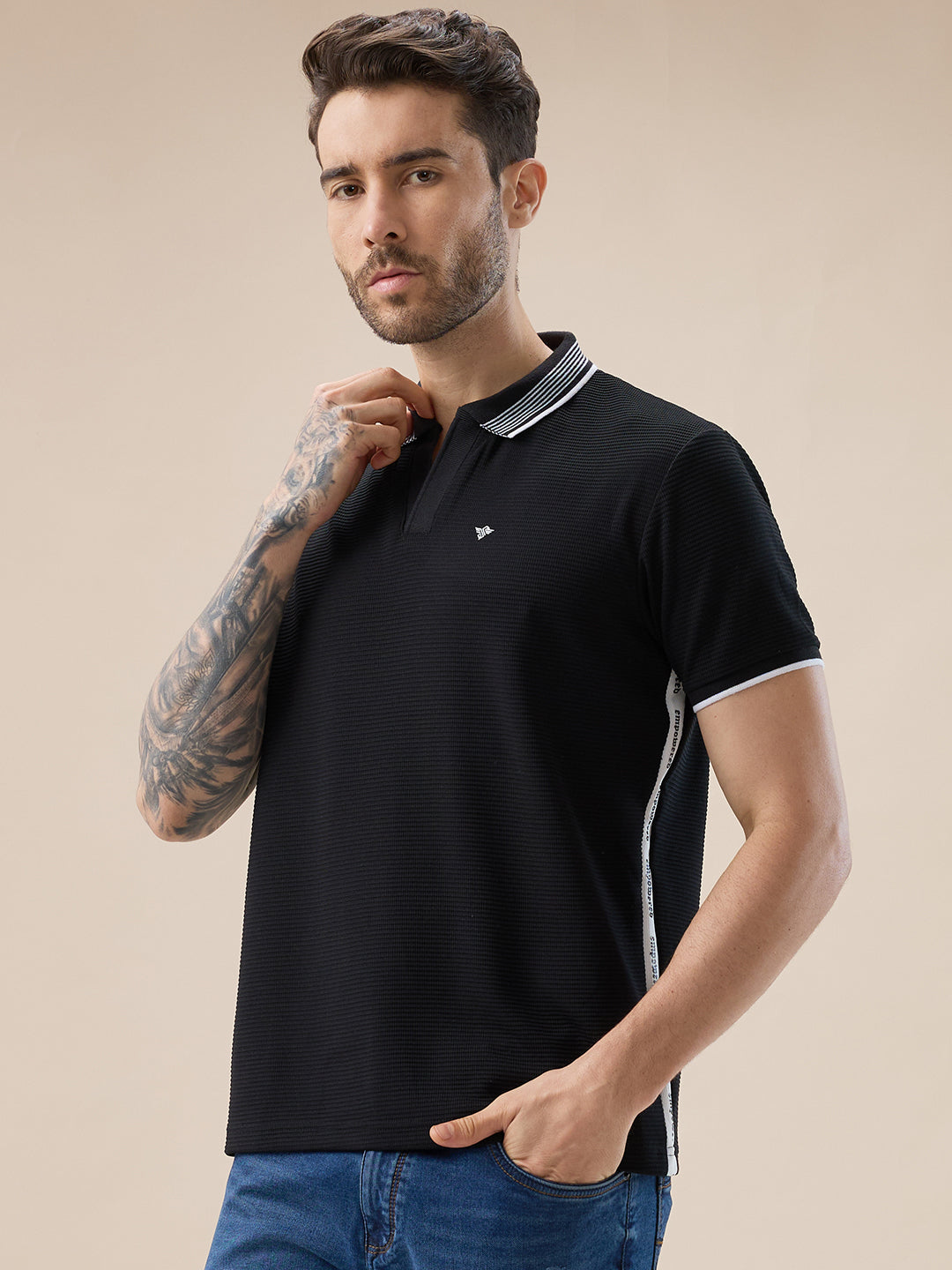Mens Brand Logo Waffle Textured Polo Collar Half Sleeve T Shirt with Tipping Detail Secondary image