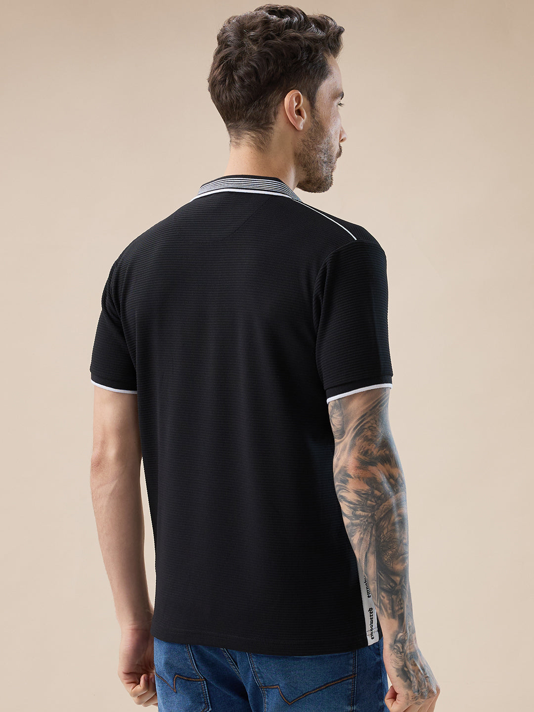 Mens Brand Logo Waffle Textured Polo Collar Half Sleeve T Shirt with Tipping Detail