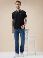 Mens Brand Logo Waffle Textured Polo Collar Half Sleeve T Shirt with Tipping Detail
