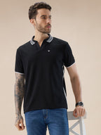 Mens Brand Logo Waffle Textured Polo Collar Half Sleeve T Shirt with Tipping Detail