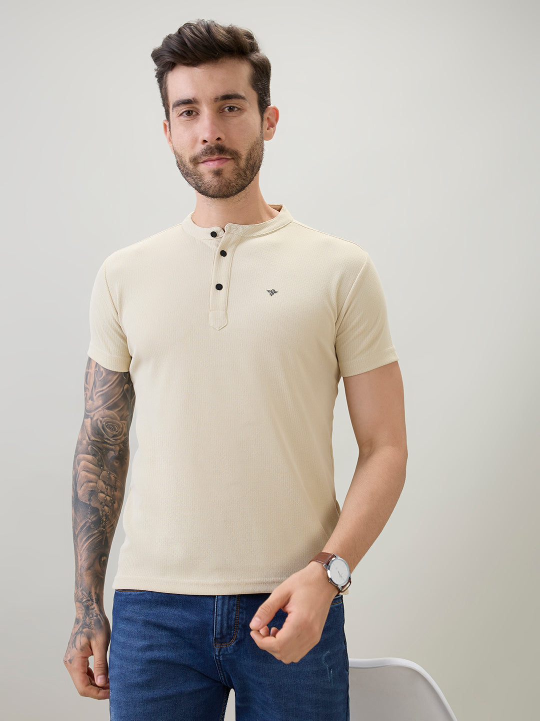 Men's Regular Fit Henley T-Shirt Half Slevees with Button Closure and Logo
