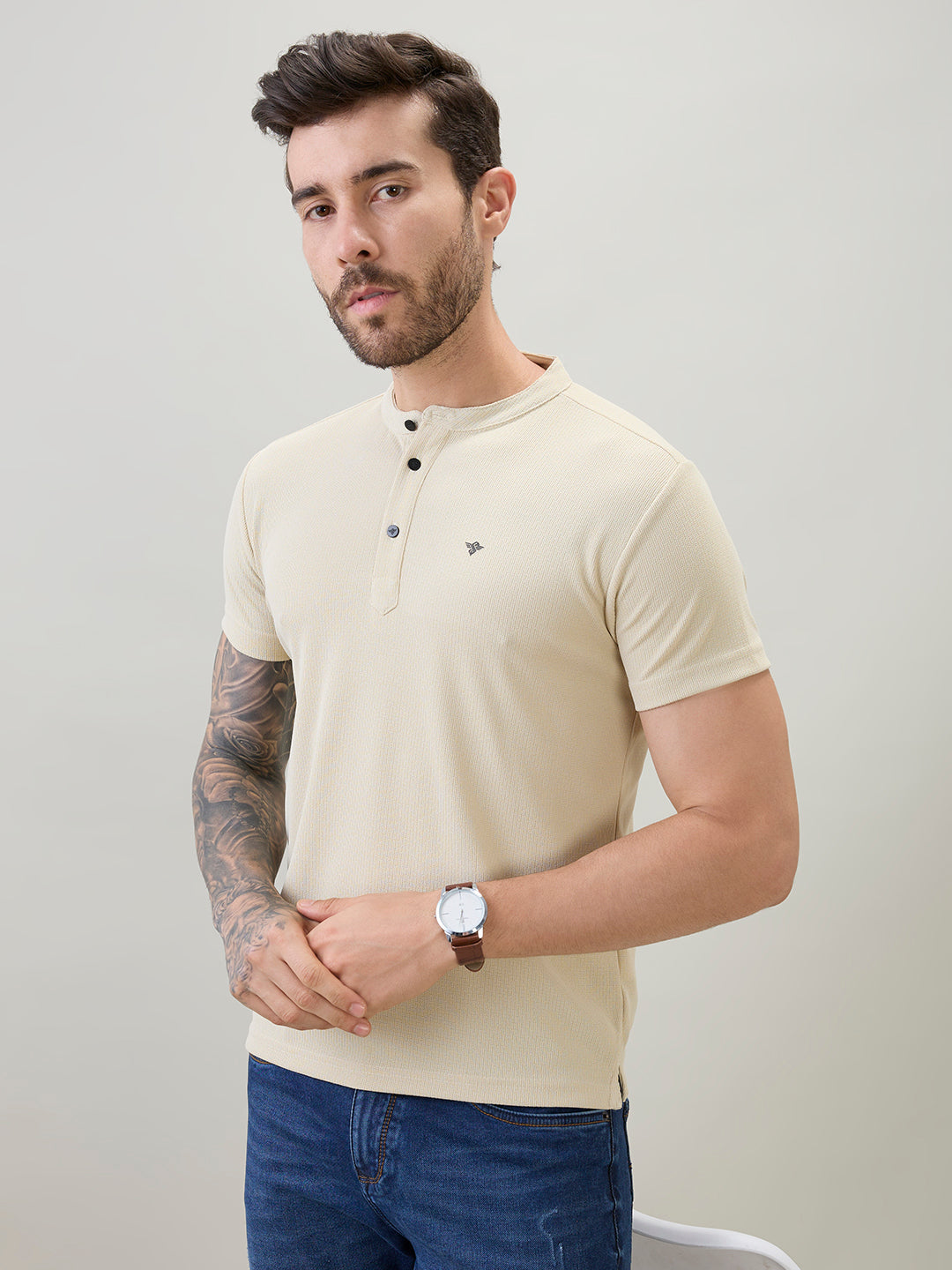 Men's Regular Fit Henley T-Shirt Half Slevees with Button Closure and Logo Secondary image