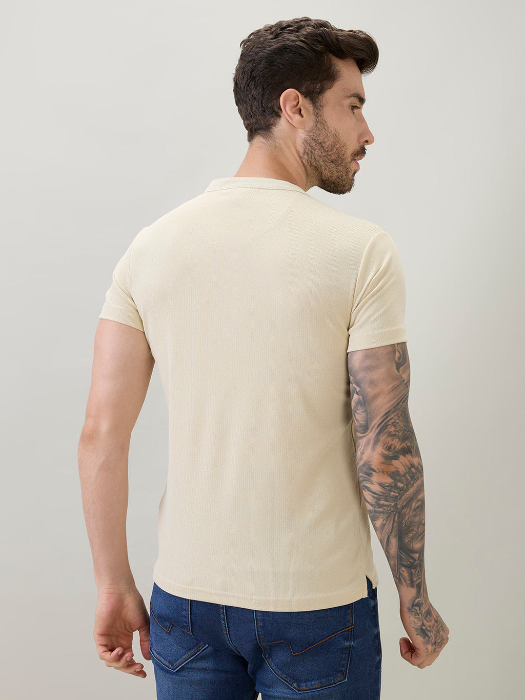 Men's Regular Fit Henley T-Shirt Half Slevees with Button Closure and Logo