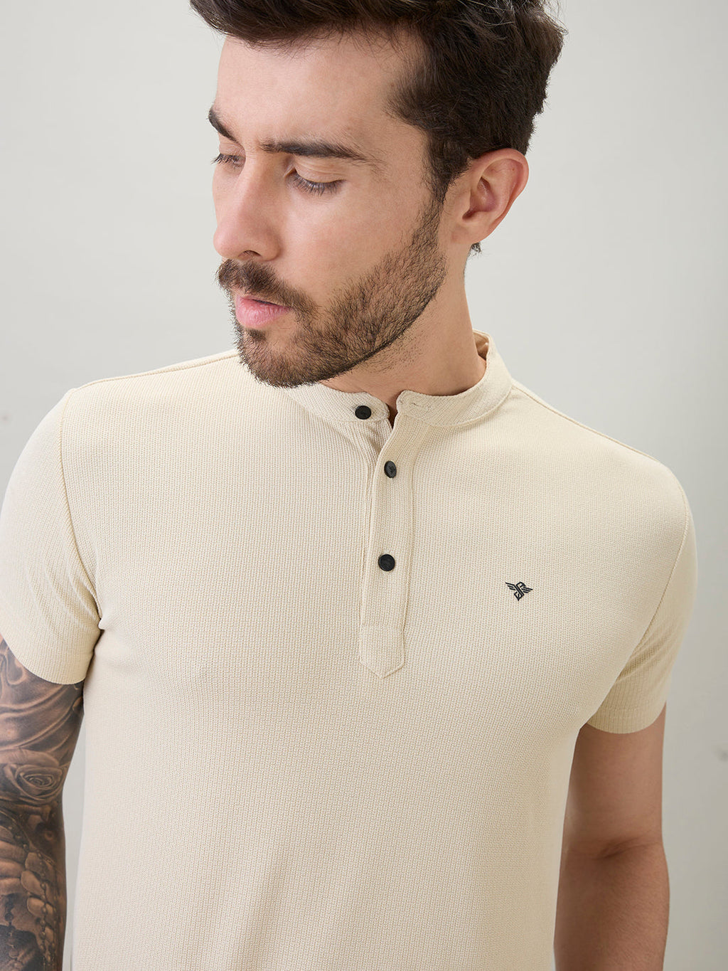 Men's Regular Fit Henley T-Shirt Half Slevees with Button Closure and Logo
