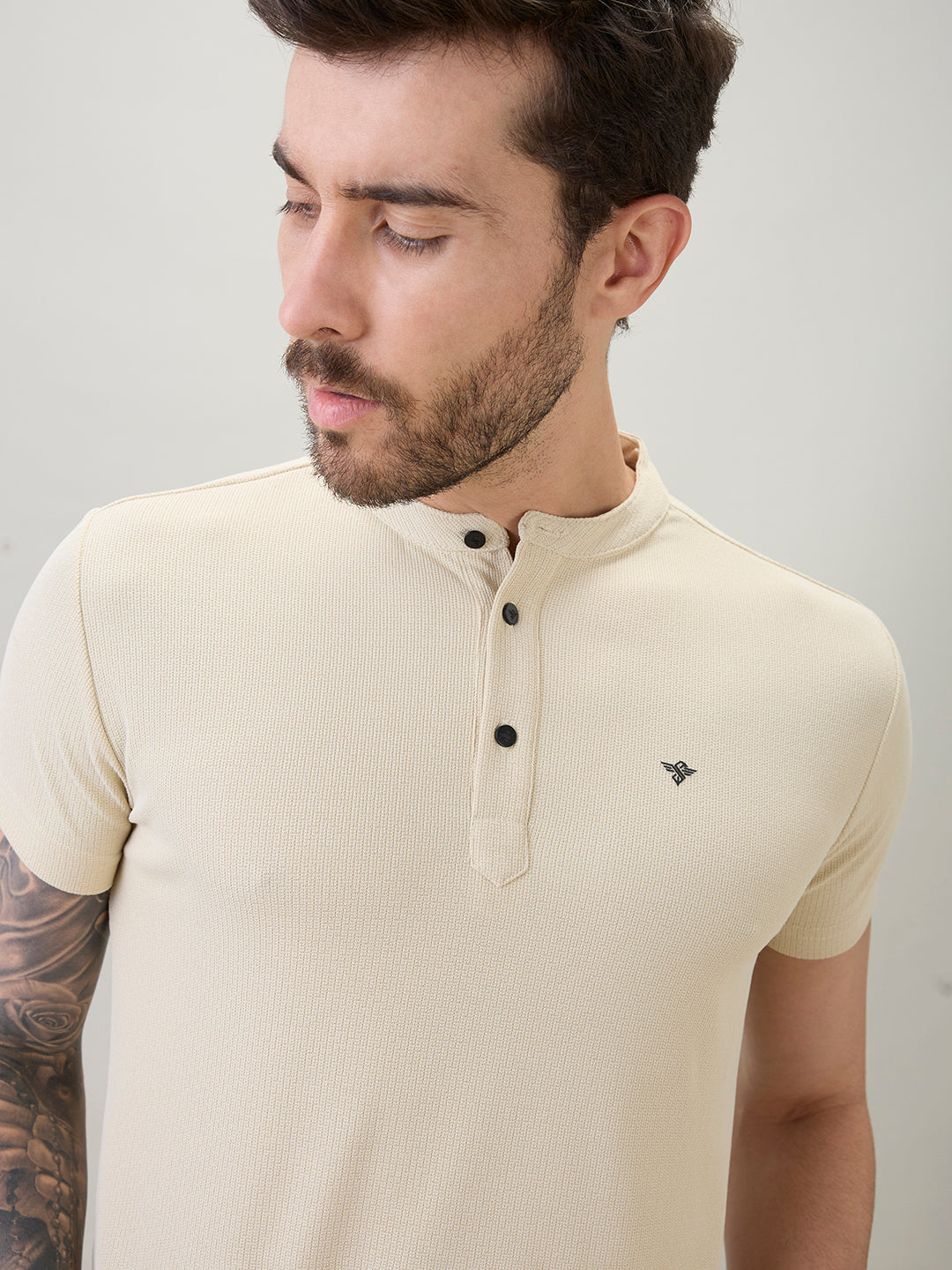 Men's Regular Fit Henley T-Shirt Half Slevees with Button Closure and Logo