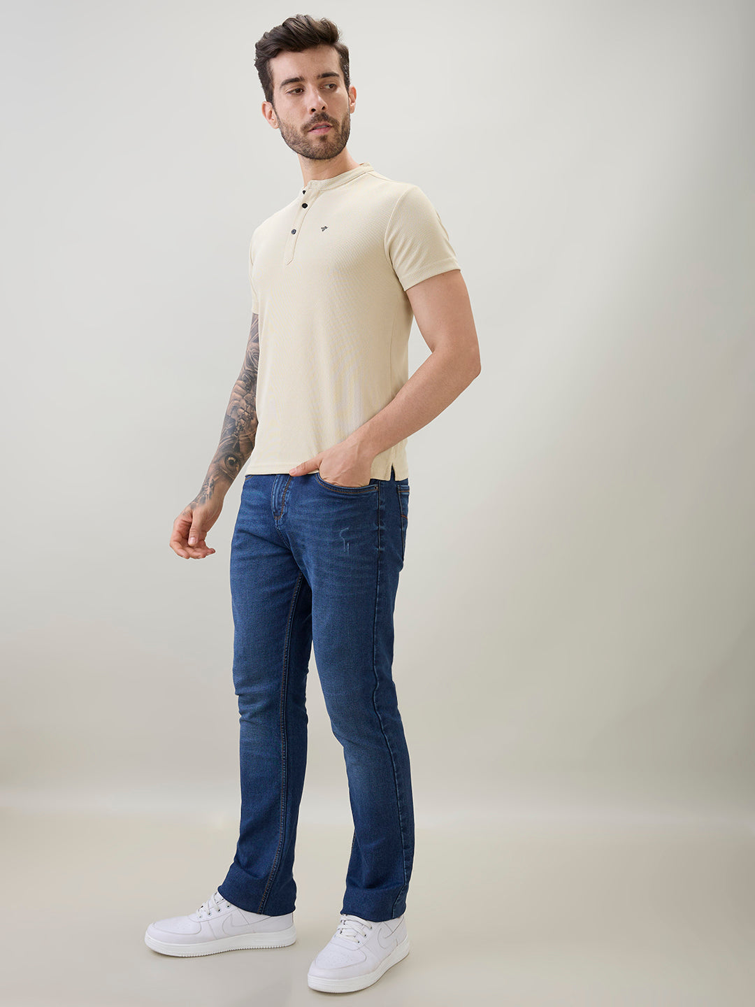 Men's Regular Fit Henley T-Shirt Half Slevees with Button Closure and Logo
