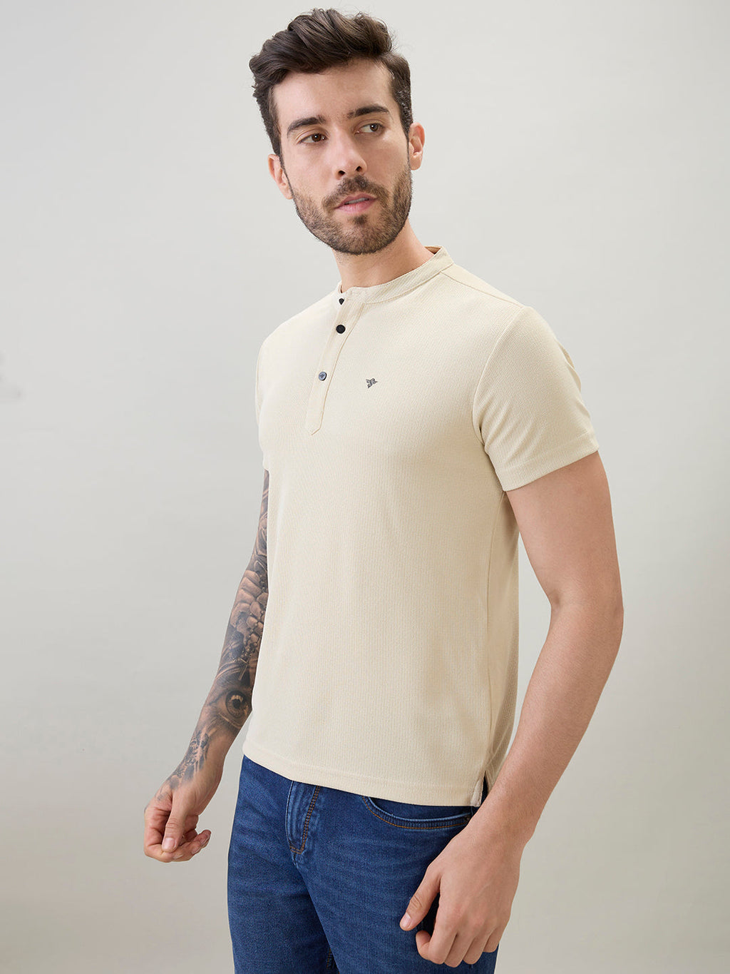 Men's Regular Fit Henley T-Shirt Half Slevees with Button Closure and Logo