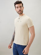 Men's Regular Fit Henley T-Shirt Half Slevees with Button Closure and Logo