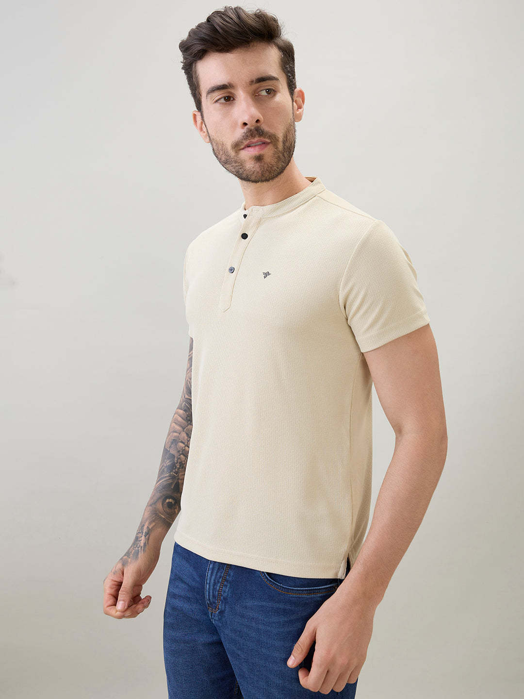 Men's Regular Fit Henley T-Shirt Half Slevees with Button Closure and Logo