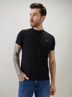 Men's Regular Fit Henley T-Shirt Half Slevees with Button Closure and Logo