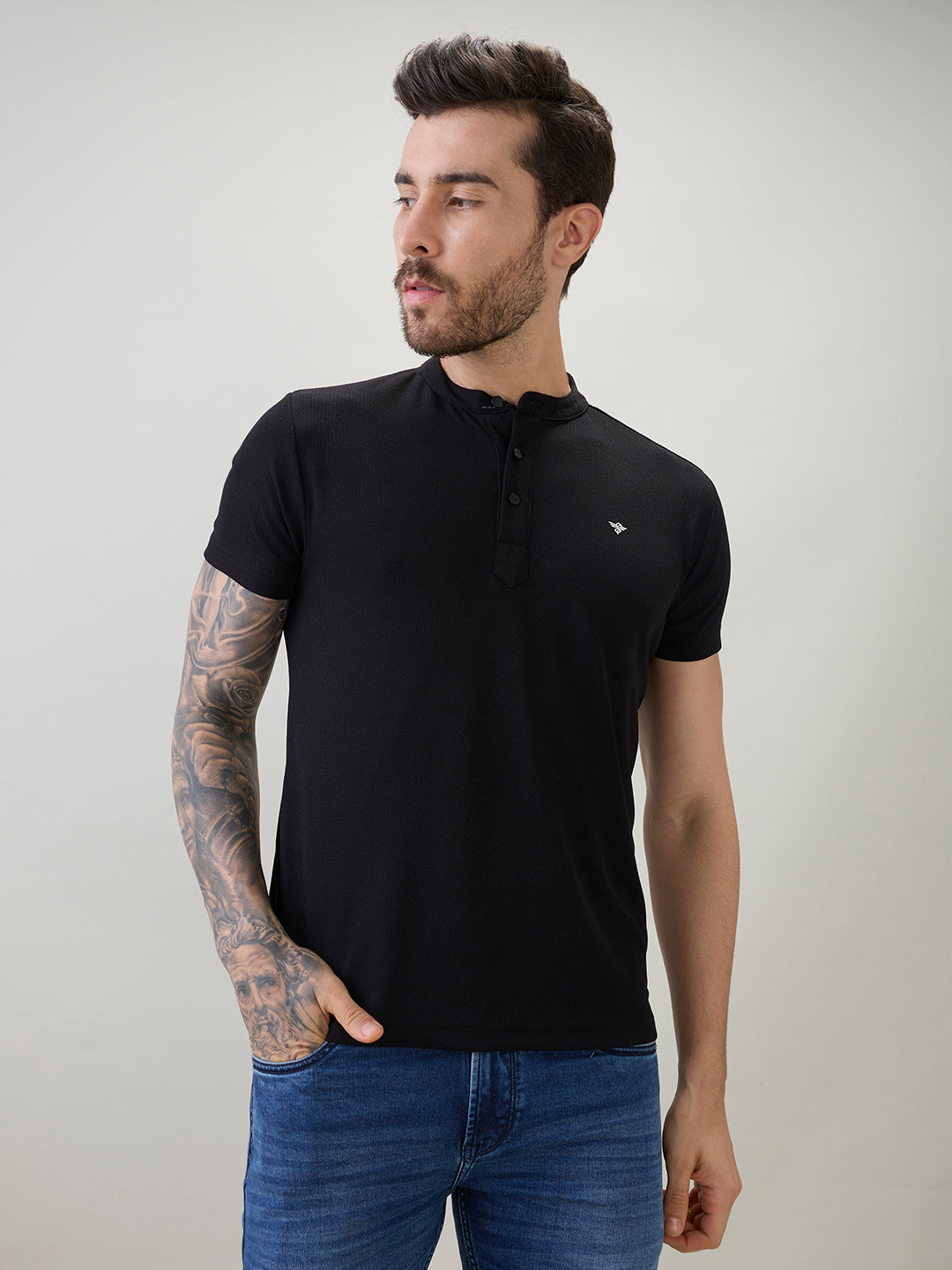 Men's Regular Fit Henley T-Shirt Half Slevees with Button Closure and Logo