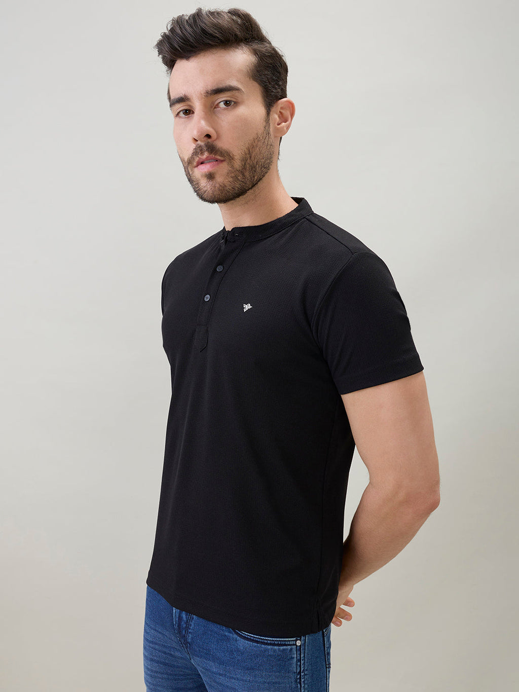 Men's Regular Fit Henley T-Shirt Half Slevees with Button Closure and Logo