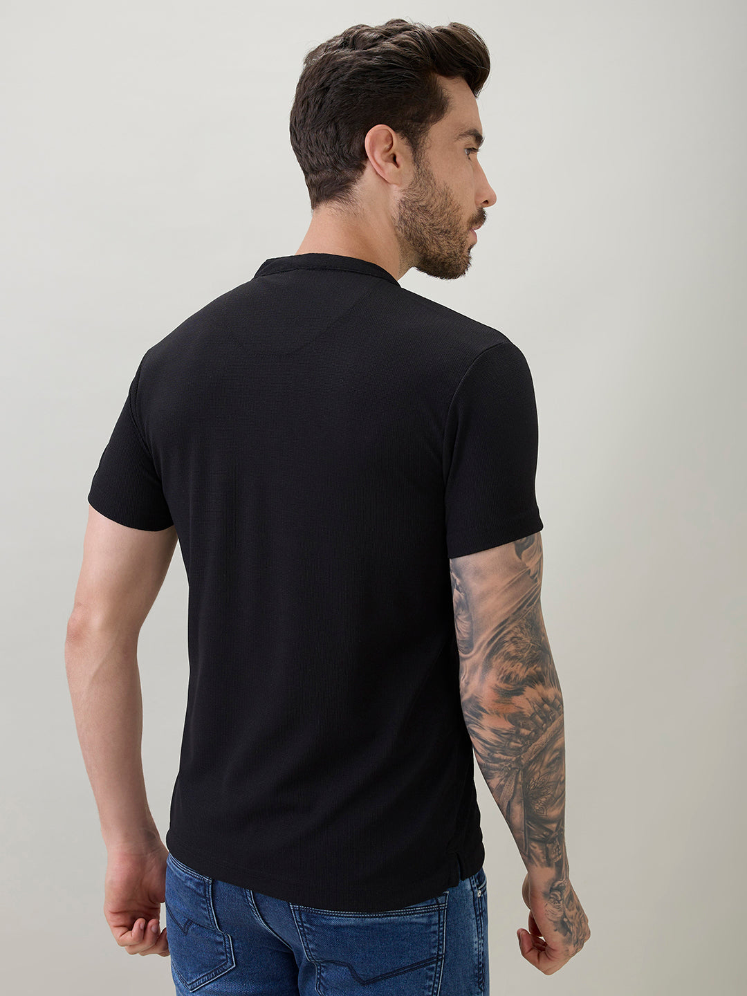 Men's Regular Fit Henley T-Shirt Half Slevees with Button Closure and Logo