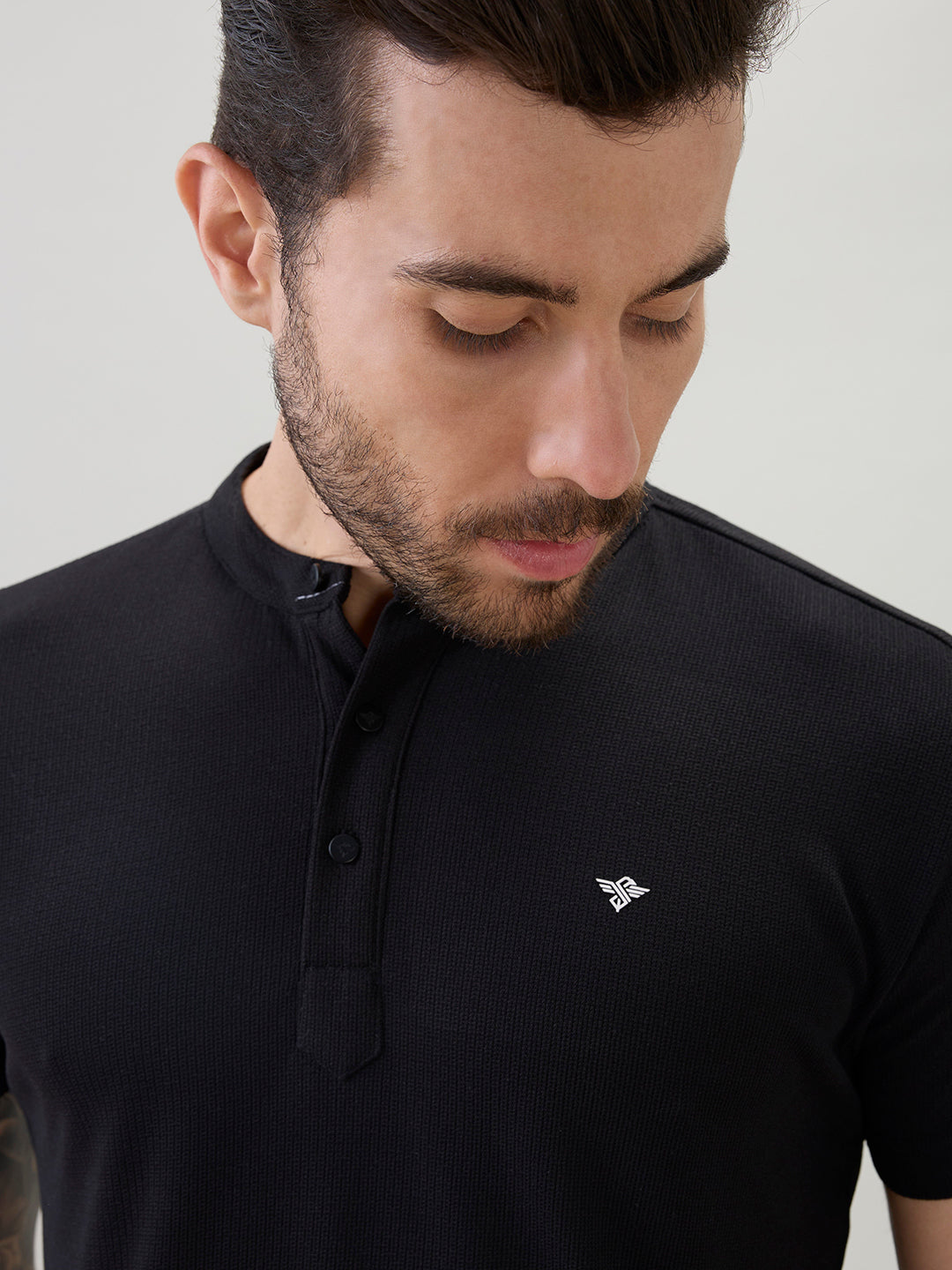 Men's Regular Fit Henley T-Shirt Half Slevees with Button Closure and Logo