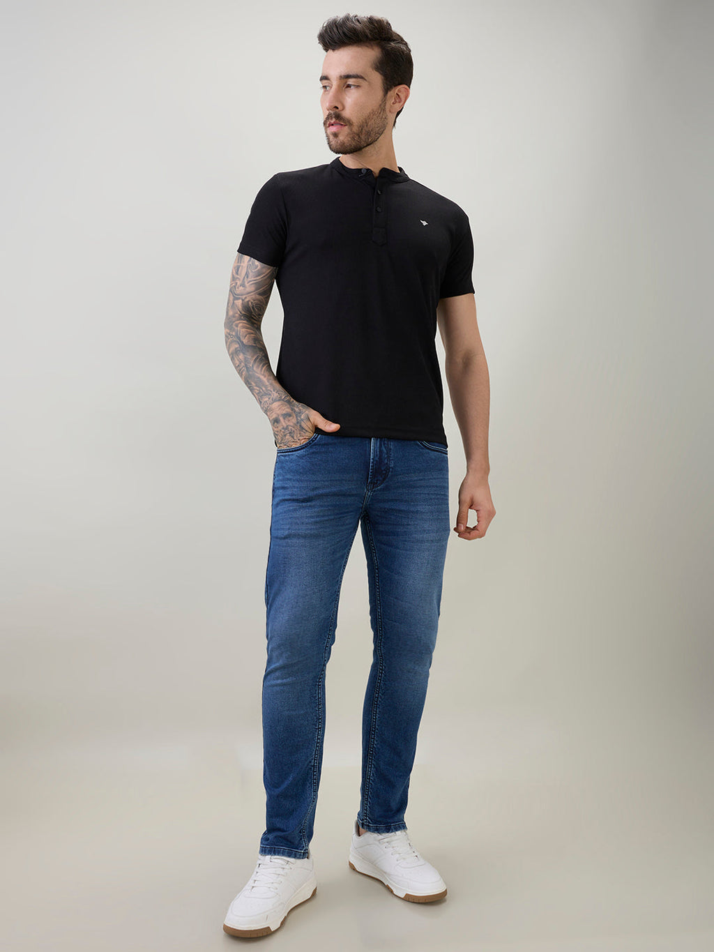 Men's Regular Fit Henley T-Shirt Half Slevees with Button Closure and Logo