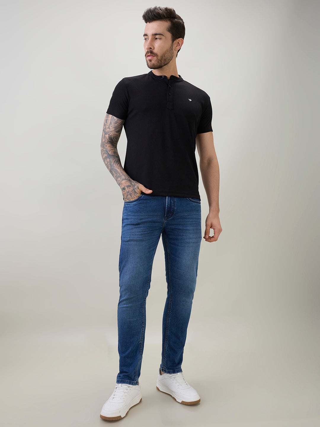 Men's Regular Fit Henley T-Shirt Half Slevees with Button Closure and Logo