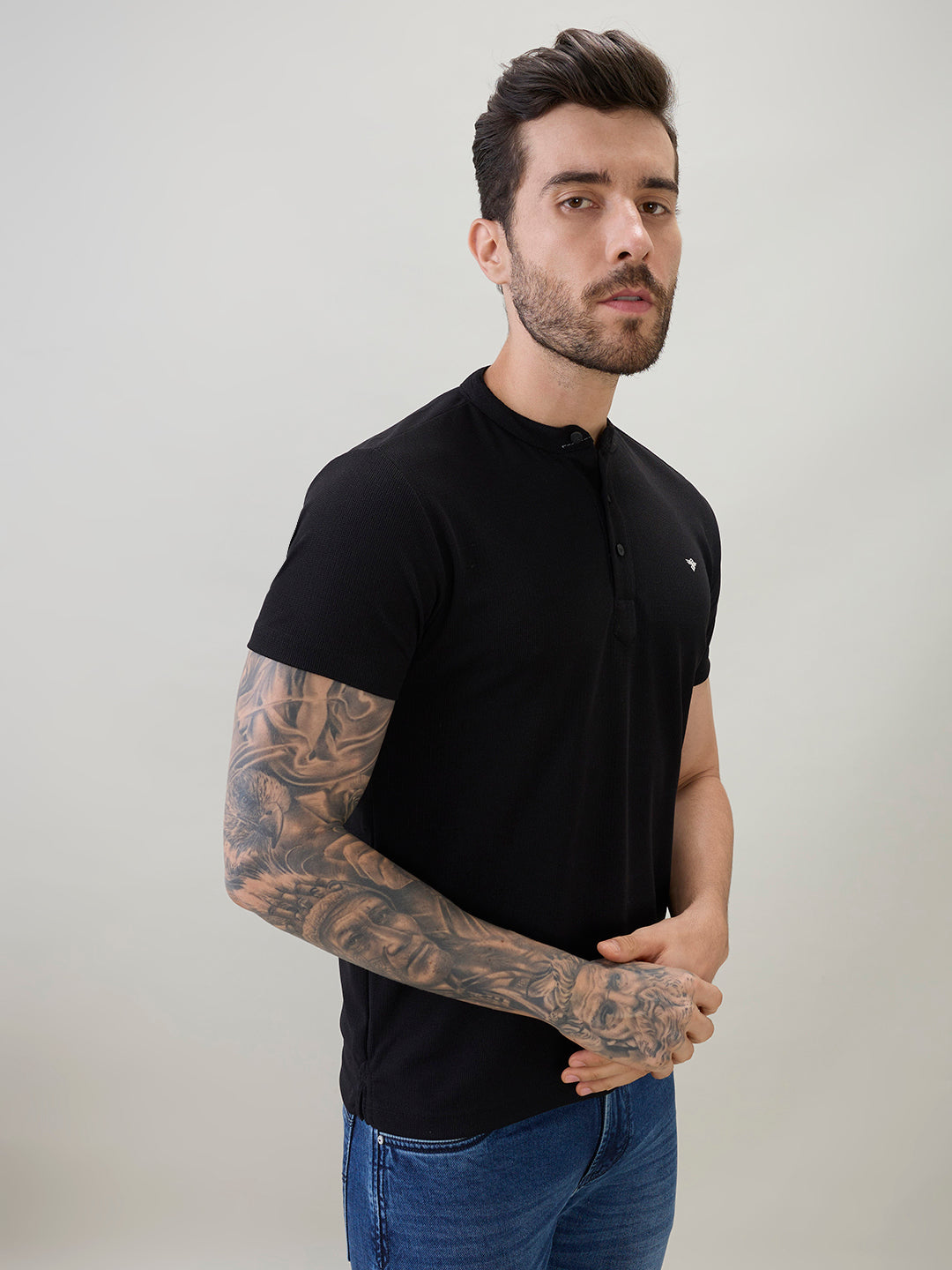 Men's Regular Fit Henley T-Shirt Half Slevees with Button Closure and Logo