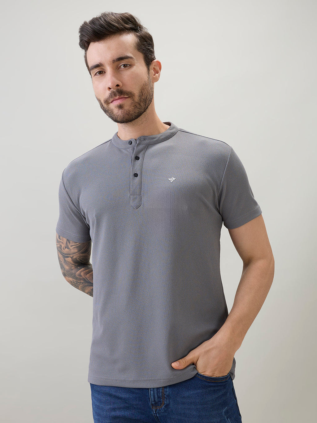 Mens Regular Fit Henley T-Shirt Half Slevees with Button Closure and Logo