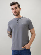 Mens Regular Fit Henley T-Shirt Half Slevees with Button Closure and Logo