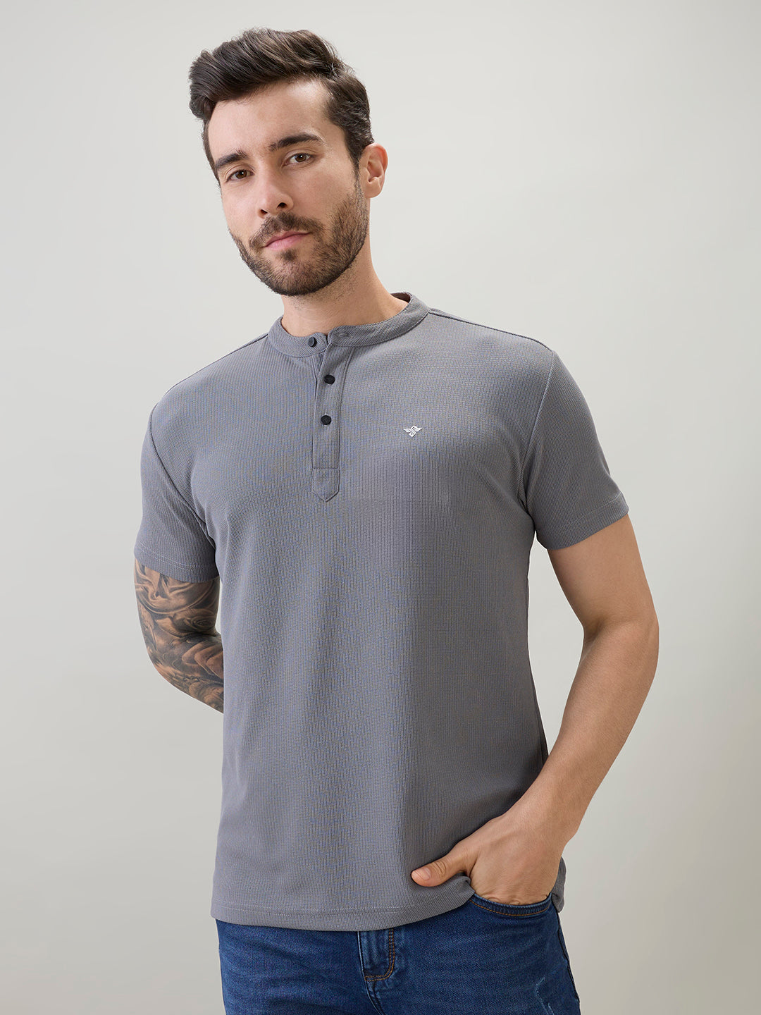 Men's Regular Fit Henley T-Shirt Half Slevees with Button Closure and Logo