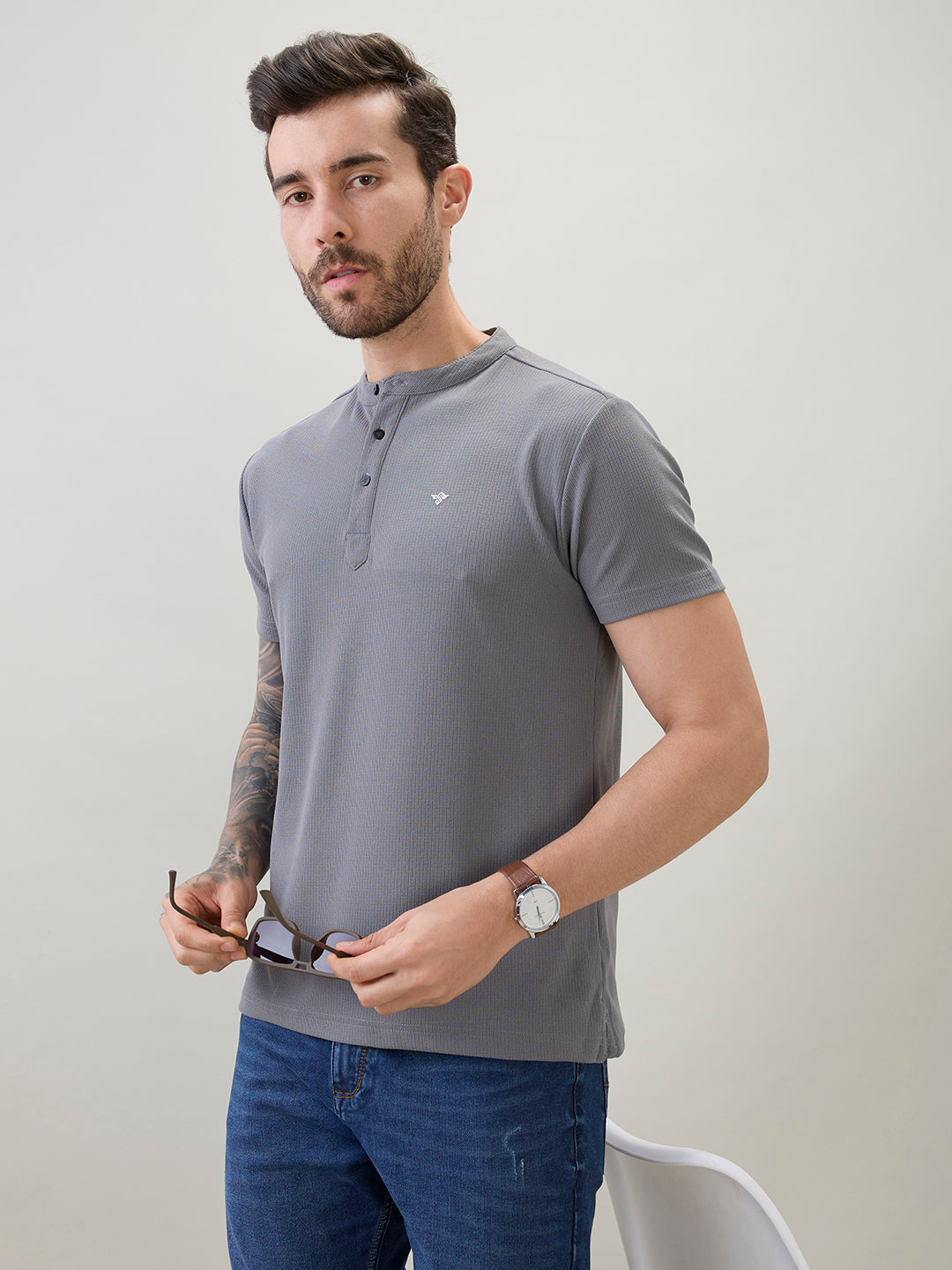 Mens Regular Fit Henley T-Shirt Half Slevees with Button Closure and Logo