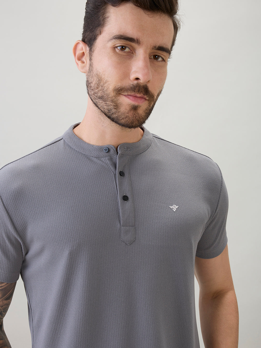 Mens Regular Fit Henley T-Shirt Half Slevees with Button Closure and Logo