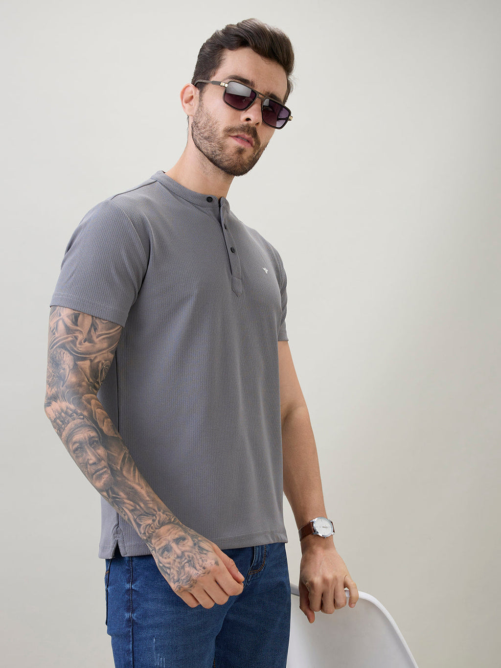 Mens Regular Fit Henley T-Shirt Half Slevees with Button Closure and Logo