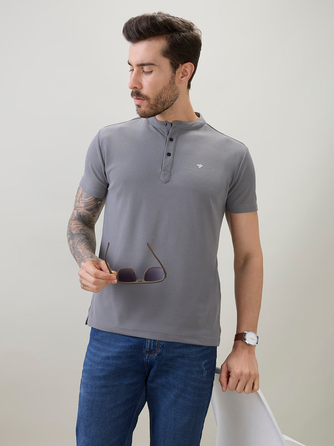 Mens Regular Fit Henley T-Shirt Half Slevees with Button Closure and Logo
