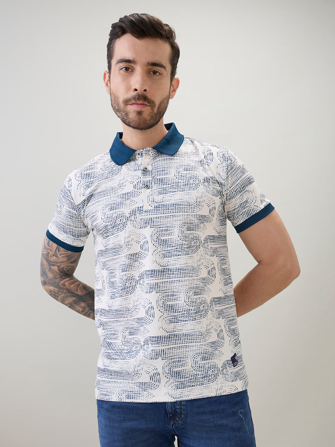 Mens Abstract Printed Regular Fit Half Sleeves Polo T-Shirt