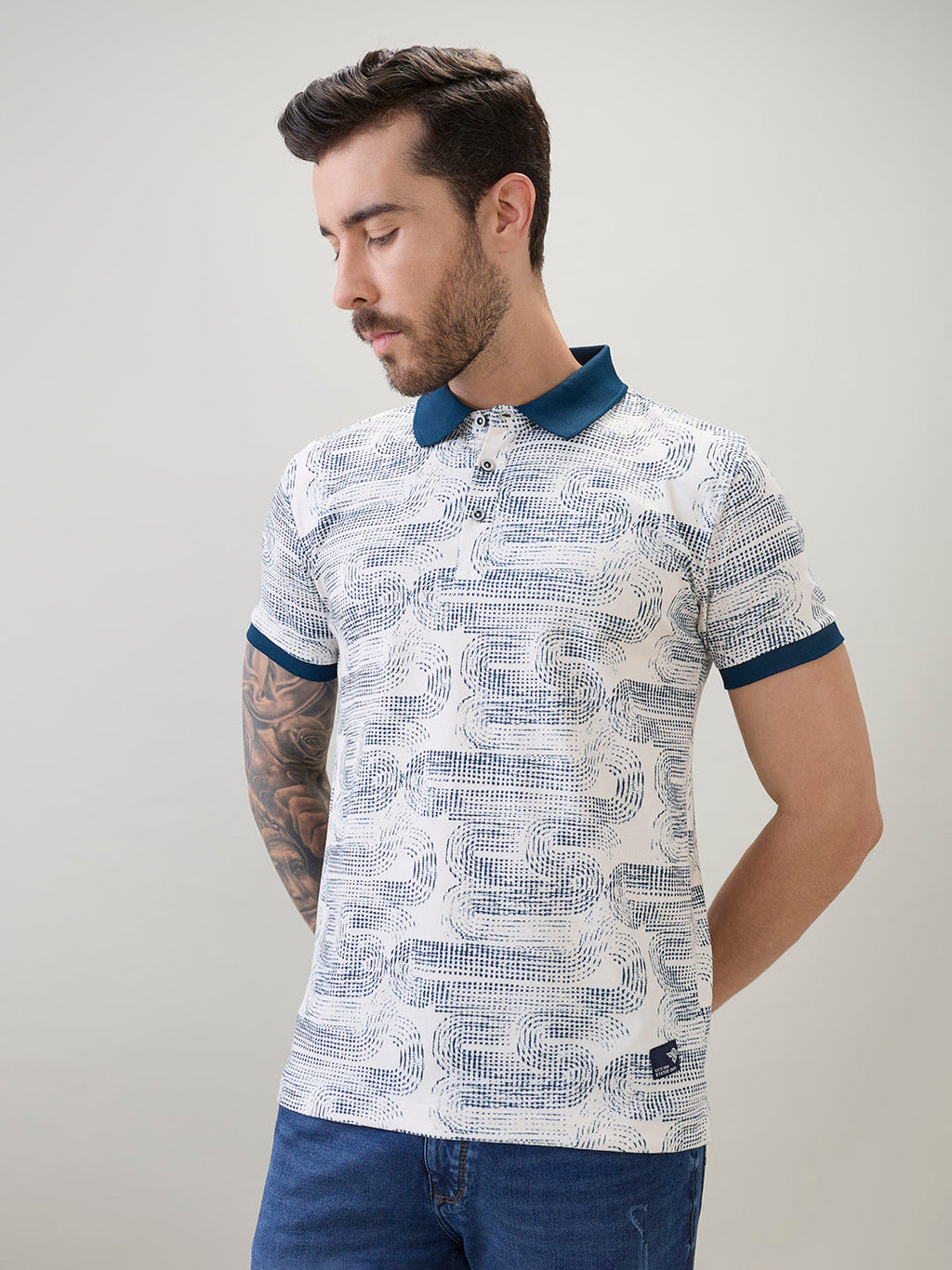 Mens Abstract Printed Regular Fit Half Sleeves Polo T-Shirt