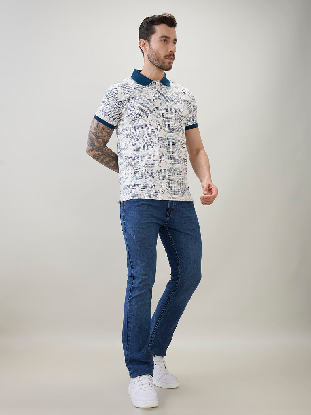 Mens Abstract Printed Regular Fit Half Sleeves Polo T-Shirt