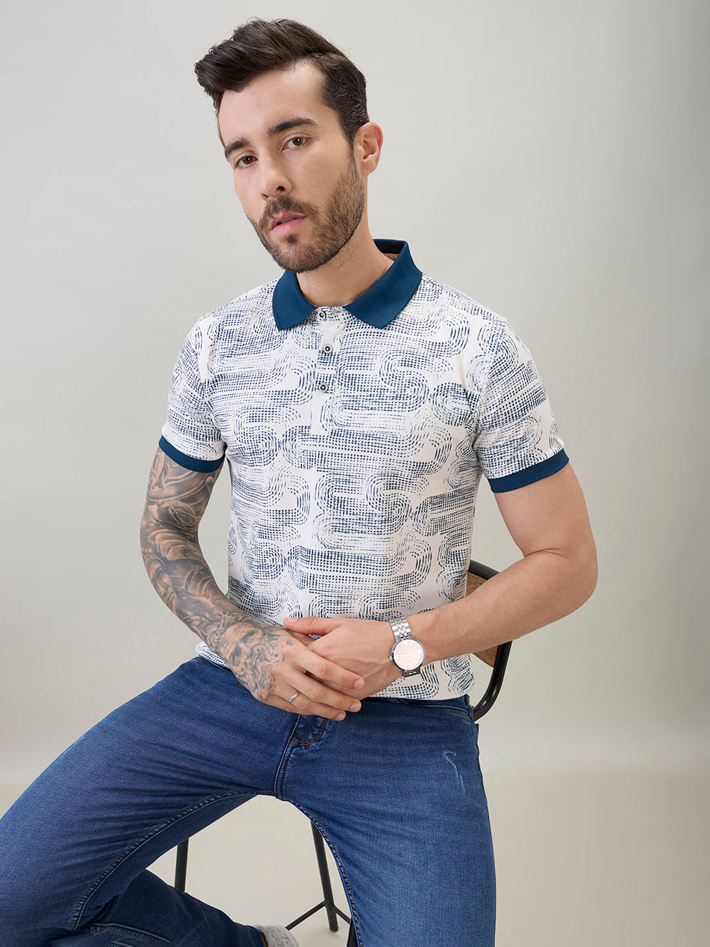 Mens Abstract Printed Regular Fit Half Sleeves Polo T-Shirt