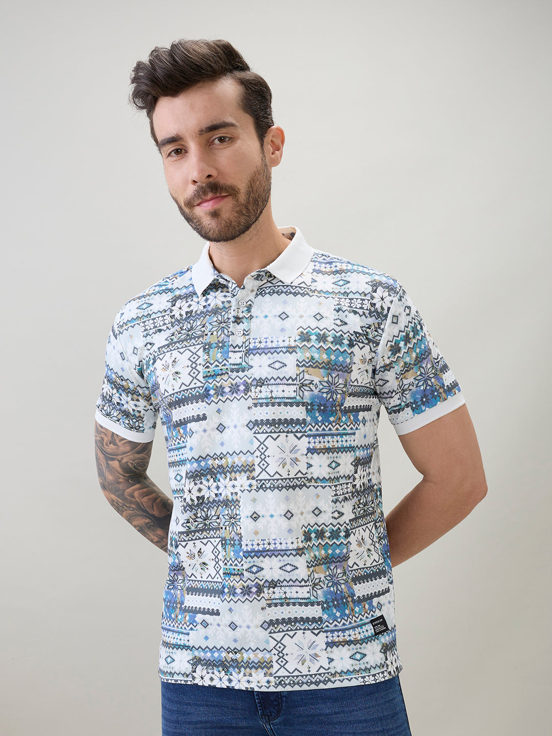 Men's Geometric Printed Half Sleeves Regular Fit Polo T-Shirt