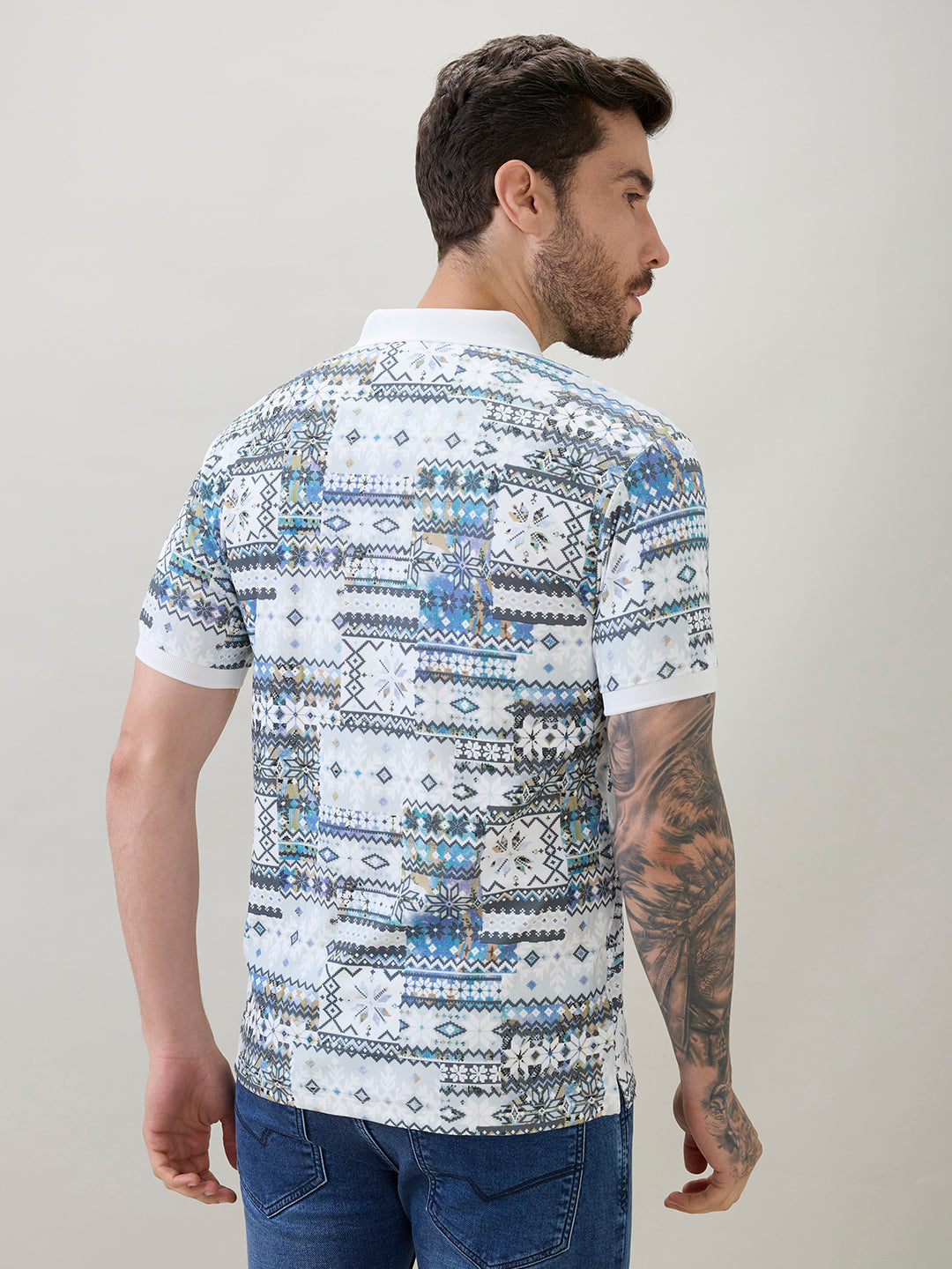 Men's Geometric Printed Half Sleeves Regular Fit Polo T-Shirt