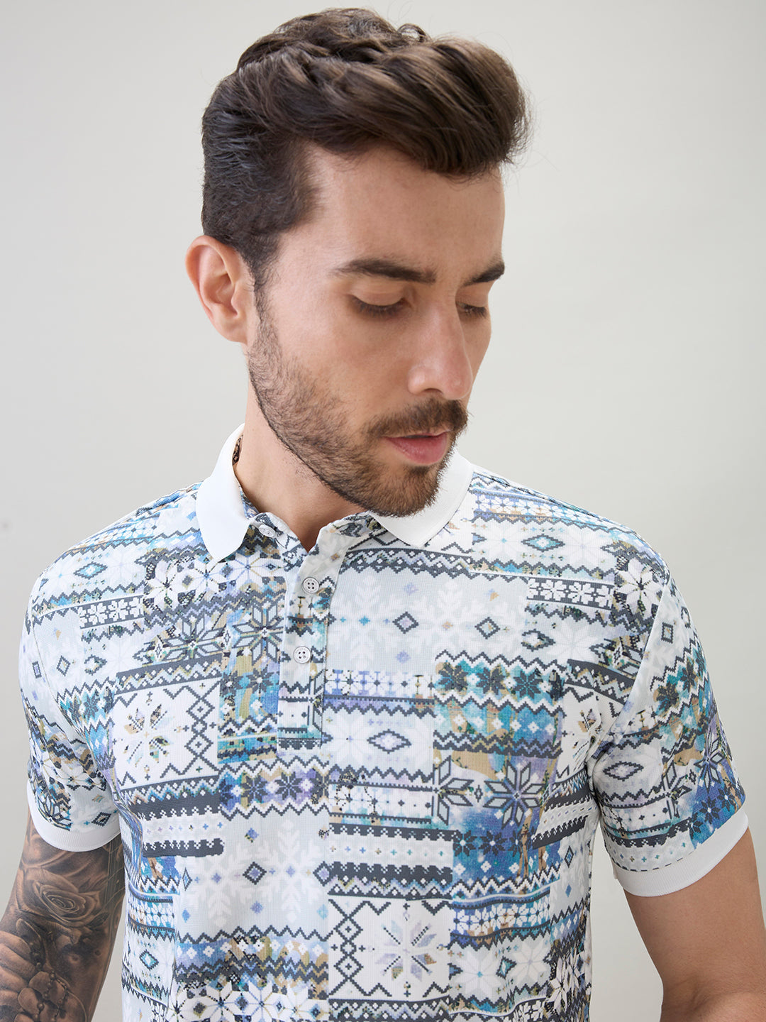 Men's Geometric Printed Half Sleeves Regular Fit Polo T-Shirt
