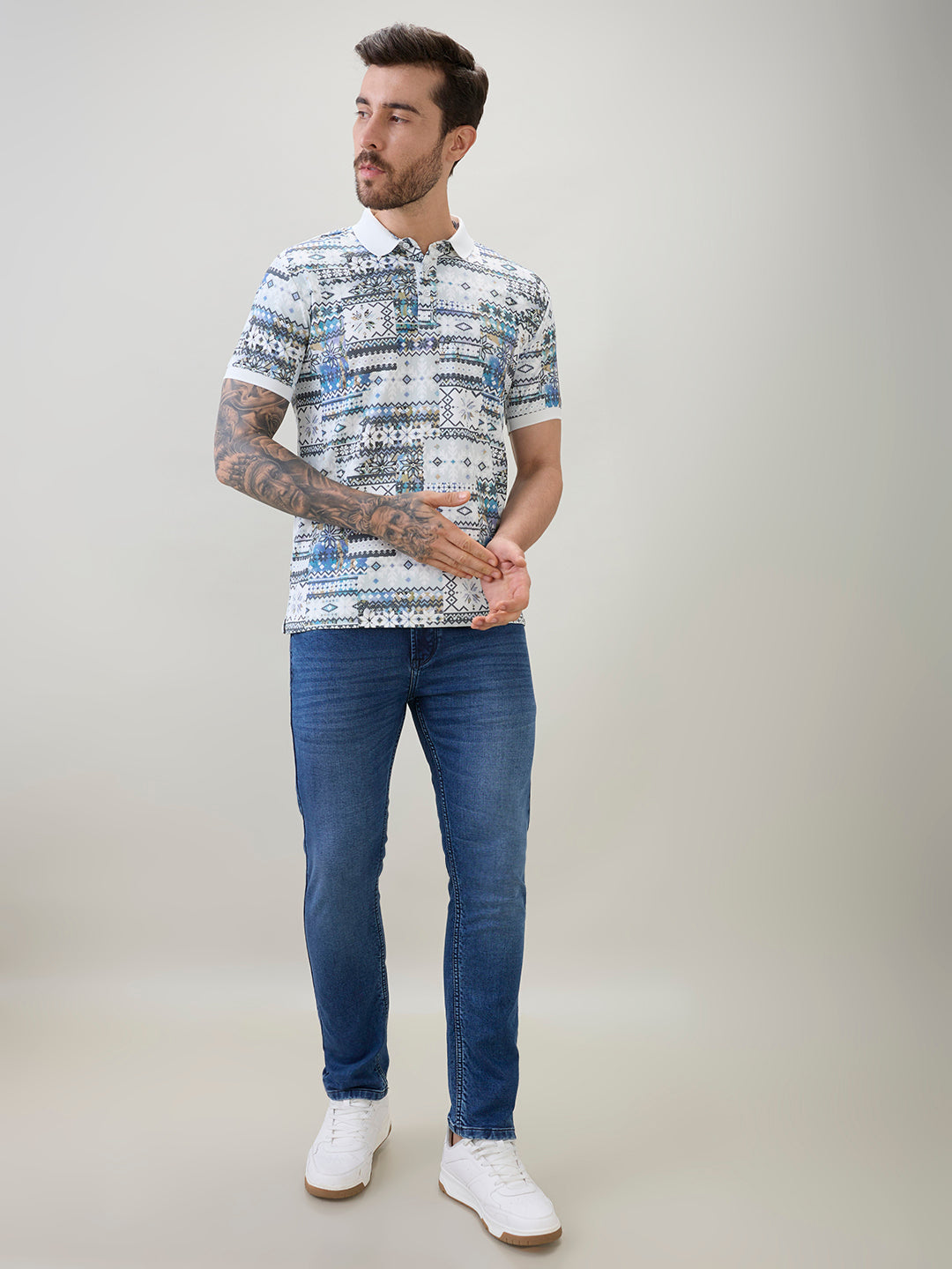 Men's Geometric Printed Half Sleeves Regular Fit Polo T-Shirt